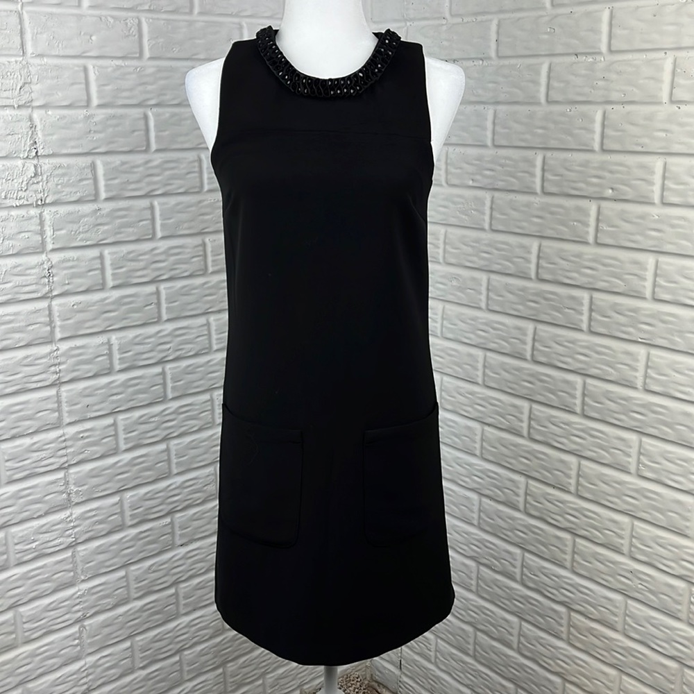 MANGO Shift black dress with Grograin and beaded neckline and pockets size XS